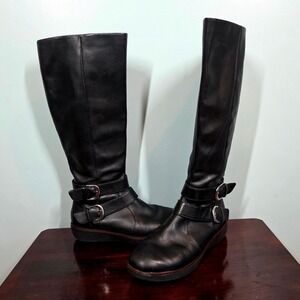 FitFlop Supermod Leather Tall Boot Black Double Buckle Side Zip 017001 Women 6.5